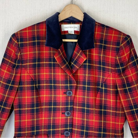 Jones NY~VINTAGE‎ 90s~Women’s 100% Wool Tartan Plaid Velvet Collar Blazer~Sz 10 - Picture 2 of 15